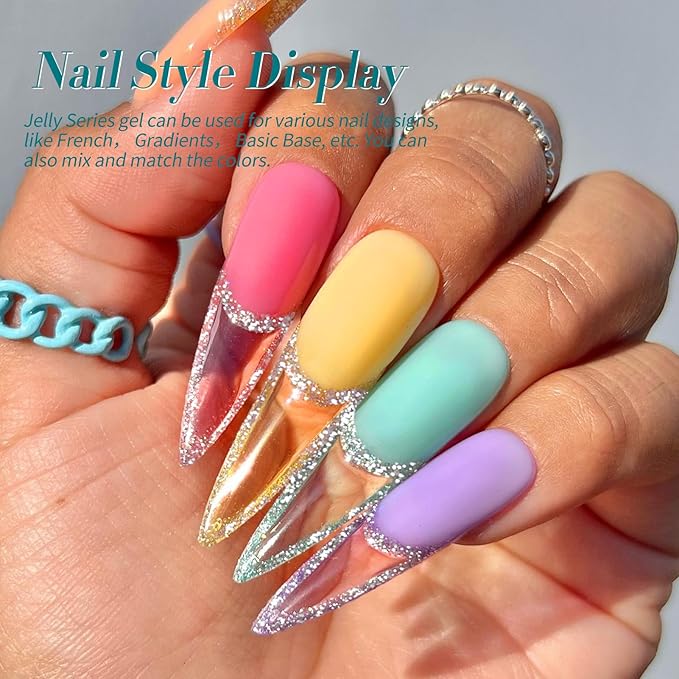 Born Pretty Jelly Gel Nail Polish Set Spring Summer Crystal Glass Translucent Pastel Sheer Gel Polish Pink Green Blue Red Yellow Silver Shiny Glitter Gel Nail Polish Nail Art Gel DIY Gift 6PCS