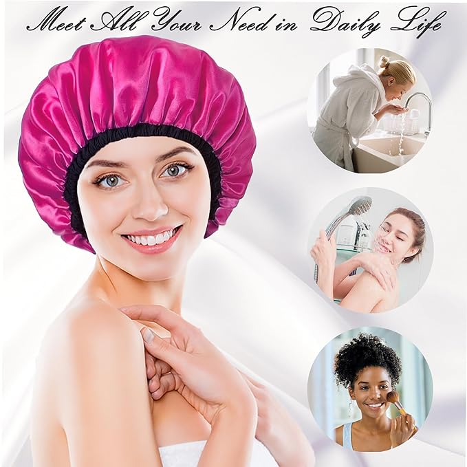 Shower Cap for Women, Large Shower Caps Reusable Waterproof with Elastic Band, Silky Satin Double-layer Bath Cap for Braids Long Hair