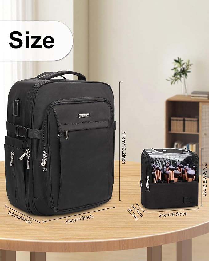 Relavel Professional Makeup Case Makeup Backpack and Makeup Brush Case for Makeup Artists, Durable Water-resistant Material, with Shoulder Strap and Adjustable Dividers Black
