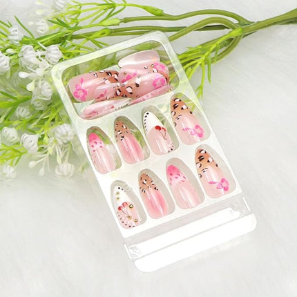 French Tips Press on Nails Almond Medium Fake Nails with 3D Flower Gold Pearl Leopard Fruit Designs Cute Nails Press ons Pink Brown White Acrylic Nail Fall Spring Summer Stick on Nail for Women 24Pcs