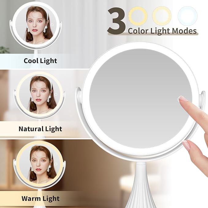 Makeup Mirror with Lights, 1X/10X LED Magnifying Vanity Mirror, HD Lighted Mirror for Desk, 3 Color Lights Adjustable Brightness, 360° Rotation 2-Sided 7.6" Dorm Room Mirror, Women Birthday Gifts