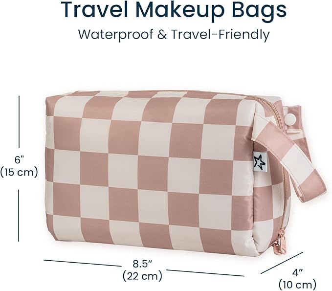 Tiny Twinkle Travel Waterproof Makeup Bag | Travel-Friendly Cosmetic Organizer with Convenient Carry Handle | Spacious Interior, and Secure Zipper Closure (Beige Checkers)