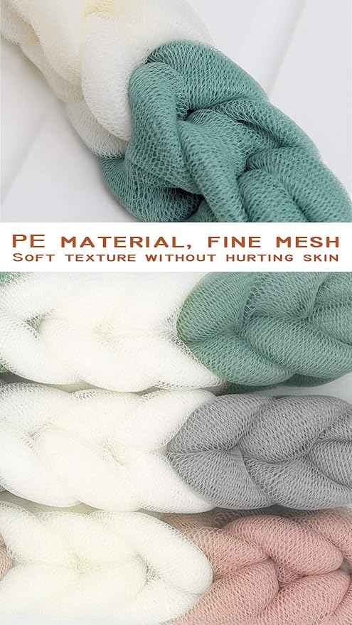 AARainbow 4 Packs Long Stretch Back Sponge with Rope Handles Back Scrubber Bath Shower Mesh Sponge Exfoliating Body Scrub Stretch Braided Loofah for Men and Women (B-1 Grey+1 Green+1 Pink+1 Coffee)