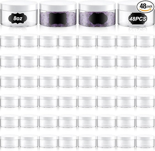 Uiifan 48 Pcs 8 oz Plastic Jars with Lids &labels, Empty Refillable Cosmetic Leak Proof Containers for Cream Body Butters Powder Ointment Lip Scrub(Clear)