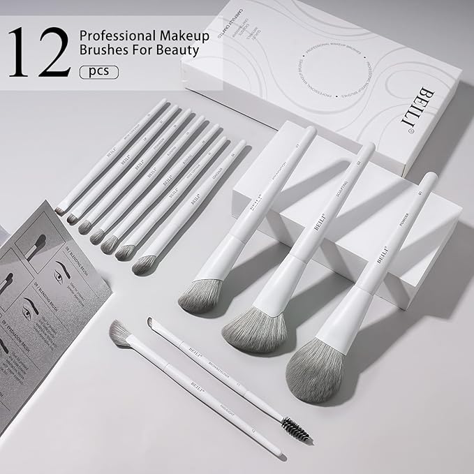 BEILI Makeup Brush Set,White Makeup Brush Set, 12 Vegan Makeup Brushes for Powder Foundation, Concealer, Eyebrows, Eyeshadow, Contour, Eyeliner, Blender Eye Brush