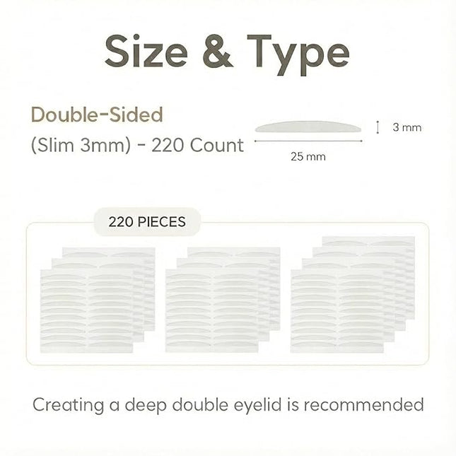 Magic Slim Double Eyelid Tape – Invisible Adhesive Strips for Hooded Monolid Correction – Authentic K-Beauty Tech Made in Korea (Double-Sided (Slim 3mm) - 220 Count)