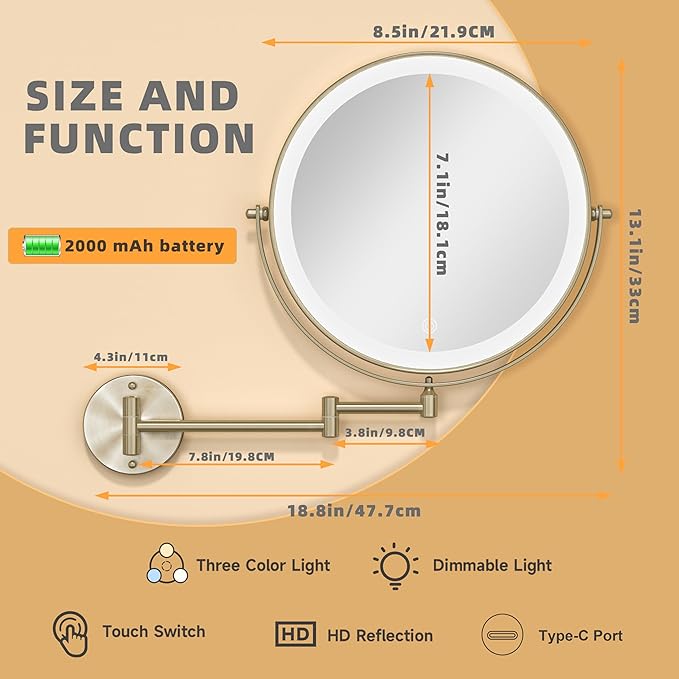 8.5" Wall Mounted Makeup Mirror with Light, 2000mAh Rechargeable Double Sided 1X / 10X Magnifying Vanity Mirror, 3 Color Lights Touch Dimmable 360° Rotation Bathroom Mirror, Nickel