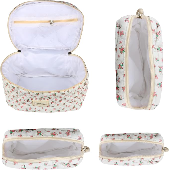 VIWIME Makeup Cosmetic Bag, Large Cotton Quilted Travel Coquette Aesthetic Cute Floral Make up Bag for Women Toiletry Bag Organizer(Red Rose/4Pcs)