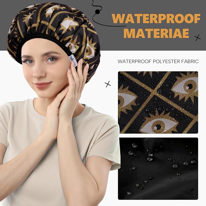 Years Calm Evil Eye Shower Caps for Women Reusable Waterproof, Pattern and Solid Color Dual-Layer Design, Hair Cap for Shower with Elastic Band, Fits Braids, Dreadlocks & Long Hair (Black)