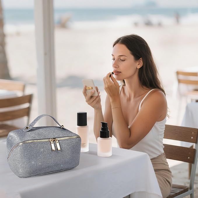 Makeup Bag for Women Travel Cosmetic Bag Toiletry Oraganizer Case Bag Travel Essentials Portable Pouch with Waterproof Large Capacity PU Leather Lining