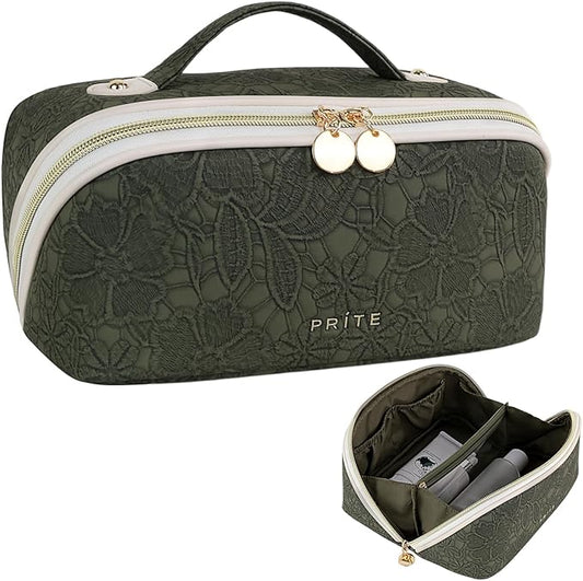 Prite Travel Cosmetic Bag Makeup Organizer Bag For Women Large Capacity Waterproof PU Leather Toiletry Bag with Handle and Clear Divider(Green Flower)