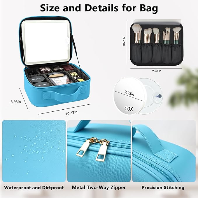 Travel Makeup Bag with LED Mirror and 10x magnifying glass with 3 Lighted Settings, Adjustable Dividers and Makeup Brush Storage Bag Blue