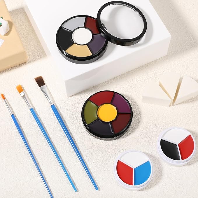 6 Colors Halloween Face Body Paint + 6pc Sponge + 3pc Brush, Colored Eye Black for Sport and Bruise SFX Makeup, Face Paint Kit for Zombie Clown Vampire Skeleton Joker Costume