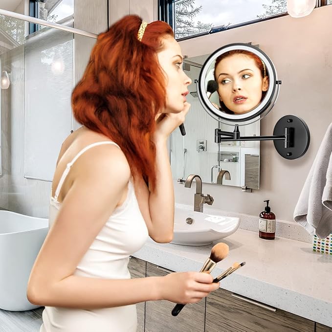 Rocollos Rechargeable Wall Mounted Lighted Makeup Mirror, 8 Inch Double-Sided LED Vanity Mirror 1X/10X Magnification,3 Color Lights Touch Screen Dimmable 360°Swivel 13 Inch Extendable