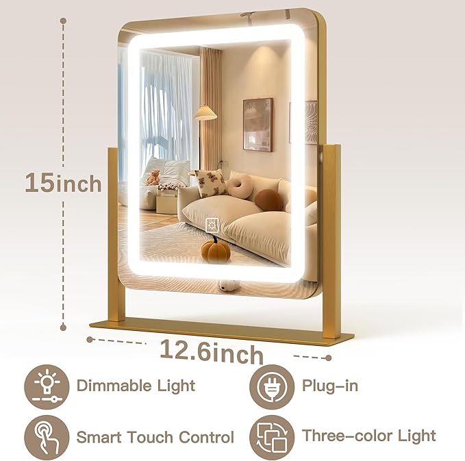 Vanity Mirror with Lights, 12.6"×15" LED Makeup Mirror, Lighted Makeup Mirror with Lights, Smart Touch Control Dimmable 3 Modes Light, Lighted Up Mirror for Makeup Desk, Gold