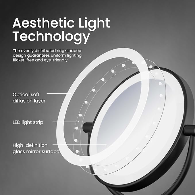 KIBI Circular LED Free Standing Magnifying Makeup Mirror | 360-Degree Swivel Shaving Mirror with Adjustable Brightness | Dual-Sided Vanity Mirror with 5X Magnification (Matte Black, KMM104)