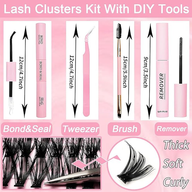 Lash Clusters Kit, 640 Pcs Eyelashes Clusters Extensions Kit 9-16mm Individual Lashes D Curl Fluffy Wispy False Eyelashes Thin Band, with Bond Seal Remover Tweezers Brush DIY (80D+100D Kit 9-16mm)