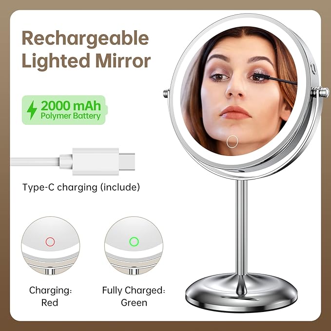 Gospire 7" Lighted Makeup Mirror with Magnification 10X/1X, Rechargeable Cordless Stepless Dimming LED Lights, 360° Swivel Magnifying Cosmetic Vanity Standing Mirror for Dresser, Bathroom