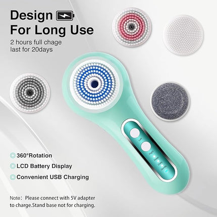 Electric Facial Cleansing Brush, 2-Way Rotating Face Scrubber for Daily & Deep Cleaning, 3 Modes, 5 Brush Heads, Rechargeable, IPX7 Waterproof for All Skin Types