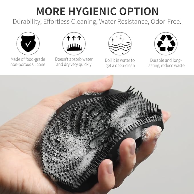 Silicone Body Scrubber, Upgrade 3rd Gen Shower Bath Brush, Lather Nicely, Soft Massage Body, More Hygienic Than Traditional Loofah, Gentle Exfoliating for Sensitive Skin, 1 Pack, Black