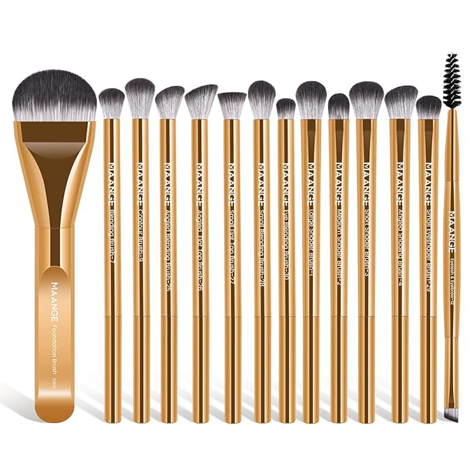MAANGE 14-Piece Makeup Brush Set with Aluminum Ferrule- Premium Synthetic Makeup Brushes Kit Foundation Brush Eye Shadow for Beginners & Professionals(Gold)