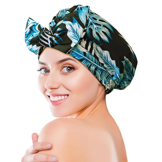 Luxury Shower Cap for Women, Shower Caps for Women Reusable Waterproof, Hair Cap for Shower, Large Adjustable Bowknot Bath Cap for Long Hair Braids