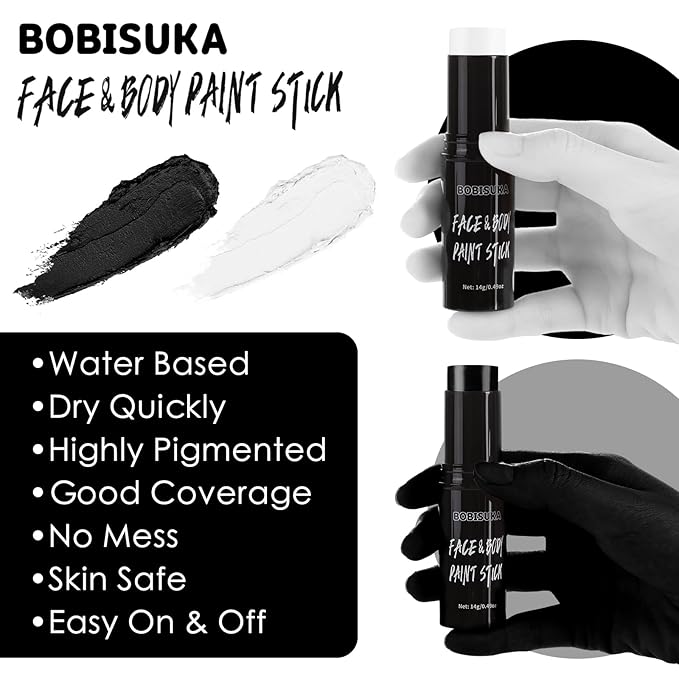 BOBISUKA Black & White Face Body Paint Stick Eye Black Sticks for Football Sports Water Based Face Painting Kit Quick Drying Foundation Makeup for Halloween Clown Skeleton Vampire Cosplay SFX Costume