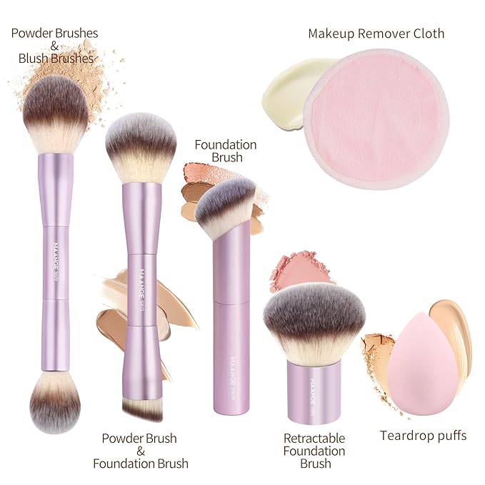 MAANGE 9 PCS Makeup Brush Set Foundation Brush Double Makeup Brushes for Blending Liquid Powder Concealer Cream Blush Buffe Contour Make up Brush Kit (Pink)