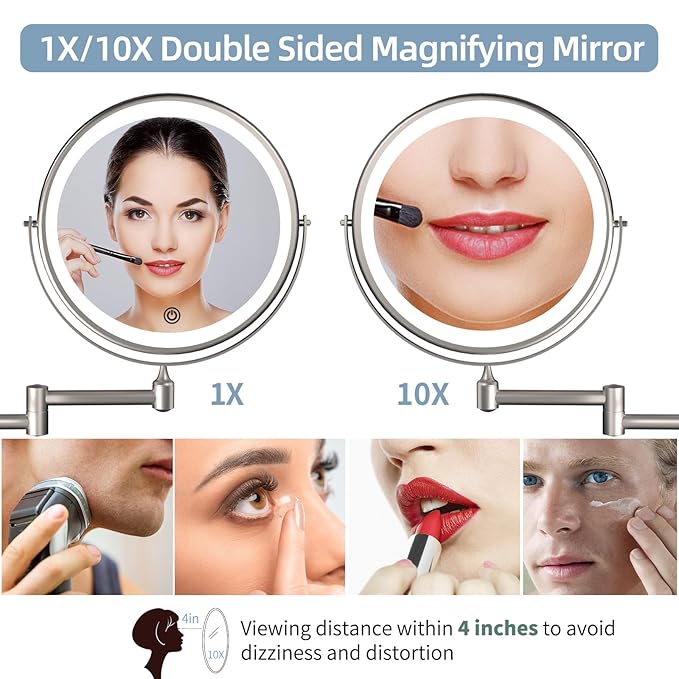 Rechargeable Wall Mounted Lighted Makeup Vanity Mirror 8 inch 1X/10X Magnifying Mirror with 3 Color Lights, Double Sided Bathroom Mirror with Dimmable LED Lights, Shaving Light up Brush Nickel