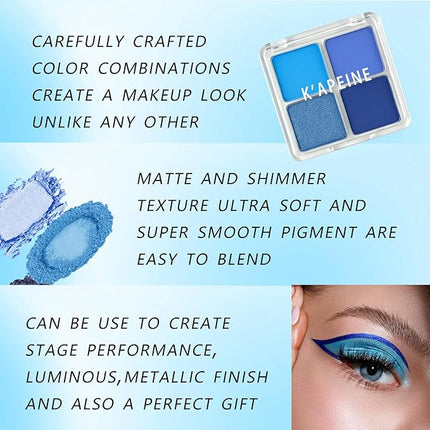 K'APEINE Eyeshadow Quad, Matte Blue Eyeshadow Palette 4-Color Highly Pigmented Long-Lasting Eyeshadows Makeup Palette for Women Girls Party,Music Festival, Stage Performance,Appointment