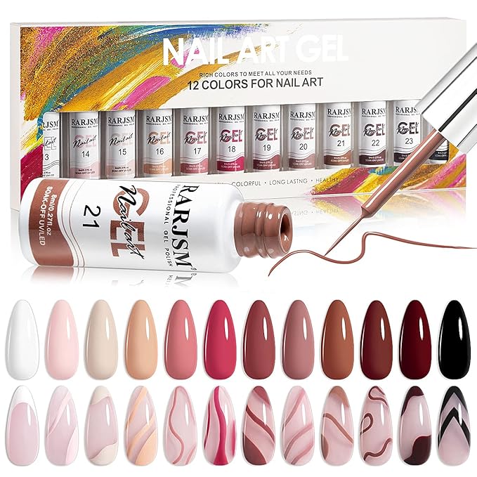 RARJSM Nail Art Gel Liner Painting Polish Set 12 Colors Autumn Winter Brown Wine Red Collection,Painted Gel Nail Polishes Soak Off Curing Requires Salon DIY Manicure NailArt Design Line Art Gelpolish