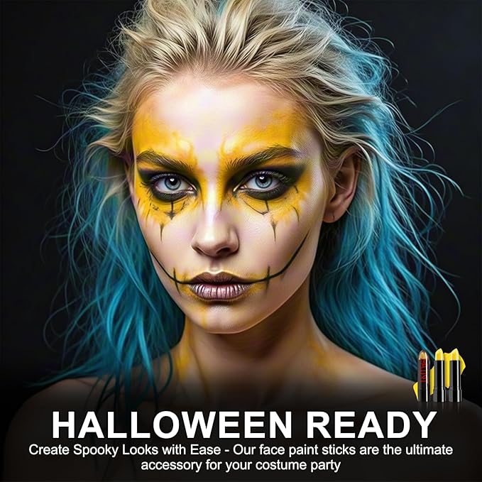 2 Pcs Yellow Face Paint Stick Eye Black Football Softball Baseball Lacrosse Sports Eyeblack Battle Paint Halloween Body Paint Makeup Cosplay SFX Costume Party Waterproof Face Painting Kit