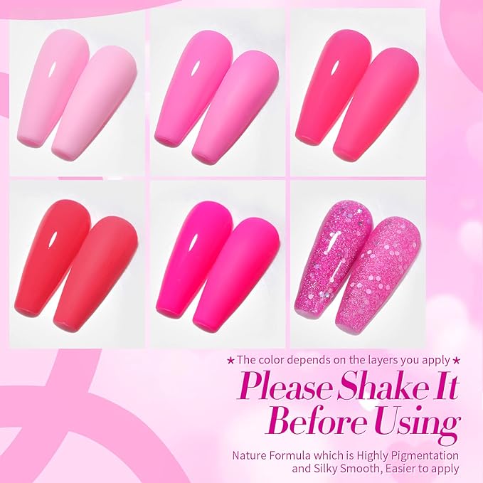 Born Pretty Neon Hot Pink Gel Nail Polish,Halloween Pink Ghost,Natural Soft Light to Dark Glitter Sparkle Gel Polish Soak Off U v LED Nail Art Manicue Kit DIY at Home or Manicure Salon 6PCS