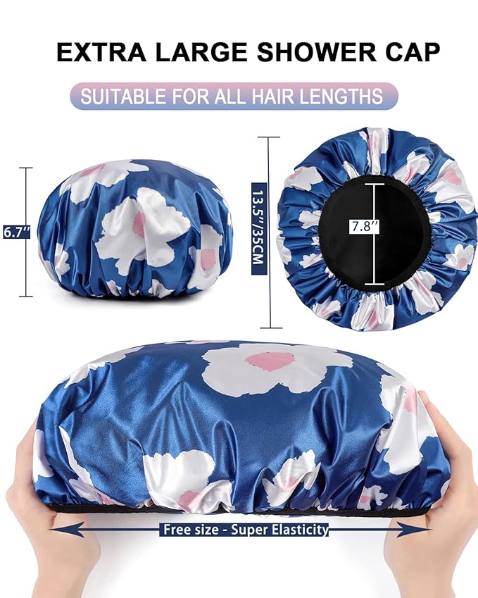 YIZIJIZI Terry Lined Shower Cap,Triple Layer Large Cap for Women,Shower Cap Reusable Waterproof,Long Thick Hair(Blue)