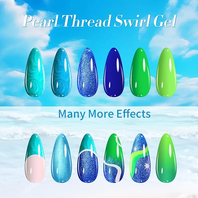 BORN PRETTY Blue Gel Nail Polish 6 Colors Shimmer Swirl Pacific Blue Glitter Blue Green Gel Polish Swirl Shell Thread Effect Soak Off Nail Art Design Salon Home Manicure Gift