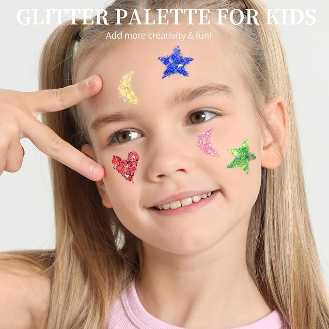 FANDAMEI Star&Moon Face Glitter, Body Glitter Hair Glitter for Glitter Makeup, 2 PCS Glitter Gel 18 Grids for Body&Hair for Kids Women, Halloween Rave Party Face Paint