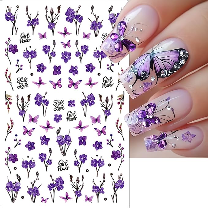 8 Sheets Butterfly Flower Nail Stickers Colorful Butterfly Nail Art Stickers 3D Self-Adhesive Floral Nail Decals for Nail Art Rose Green Leaf Cute Spring Design Nail Supplies for DIY Charms