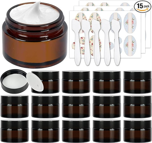 15 Pack 1 oz Empty Amber Glass Jars, 30ml Round Refillable Cosmetic Container Storage Jars with Inner Liners and Black Lids,Perfect Travel Jars for Cosmetics,Face Cream Lotion and More Beauty Products