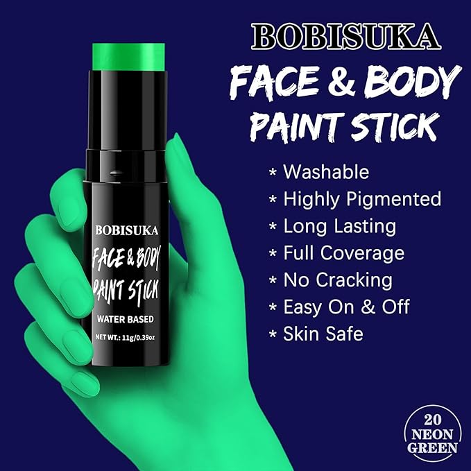 BOBISUKA Neon Green Face Body Paint Stick Water-Based Washable Glow In The UV Light Face Paint Makeup Stick for Halloween Witch Skull Robot Cyber Alien Cosplay SFX,Sports Eye Black & Costume Party