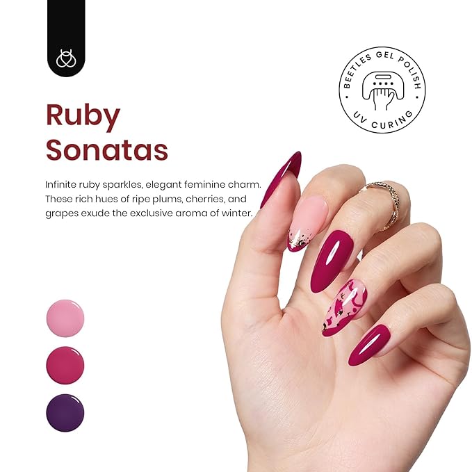 Beetles Gel Nail Polish, 6 Colors Peach Pink Purple Burgundy Red Glitter Gel Polish Ruby Sonatas Collection, Soak Off Uv Lamp Cured Nail Art Design Fall Nails for Women DIY Manicure