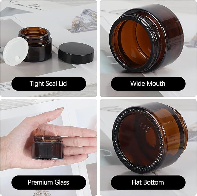 15 Pack 1 oz Empty Amber Glass Jars, 30ml Round Refillable Cosmetic Container Storage Jars with Inner Liners and Black Lids,Perfect Travel Jars for Cosmetics,Face Cream Lotion and More Beauty Products