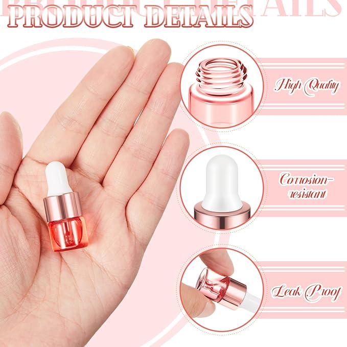 100 Pcs Mini Glass Oil Dropper Bottle Bulk, Clear Essential Small Empty Bottles Sample Containers Perfume Liquid Vials with Cap for Traveling (1 ml,Pink Body)