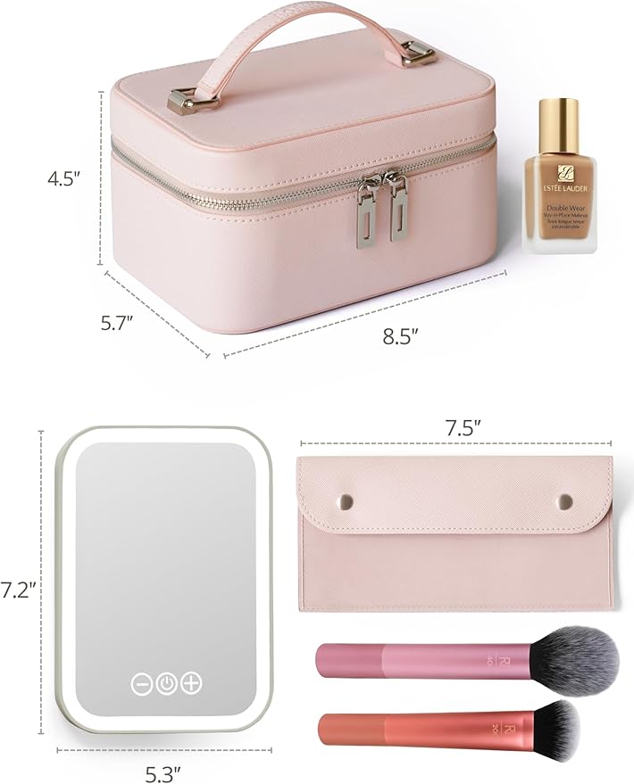 Popvibe Makeup Case with Mirror Lighted Up Travel Vanity Make Up Bag Set with Brush Storage, Pink Leather Cosmetic Bag Compact Traveling Small Train Case Luxury Travel Essentials Portable Makeup Box