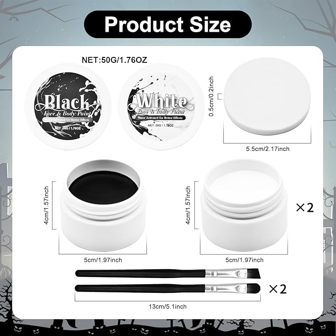 3-Piece Black White Face Paint Set (2 White, 1 Black) - 1.76 oz Each, Includes Sponge and Brushes, Professional SFX Makeup Kit for Halloween, Skeleton, Ghost, Skull Cosplay, Full Coverage Body Paints
