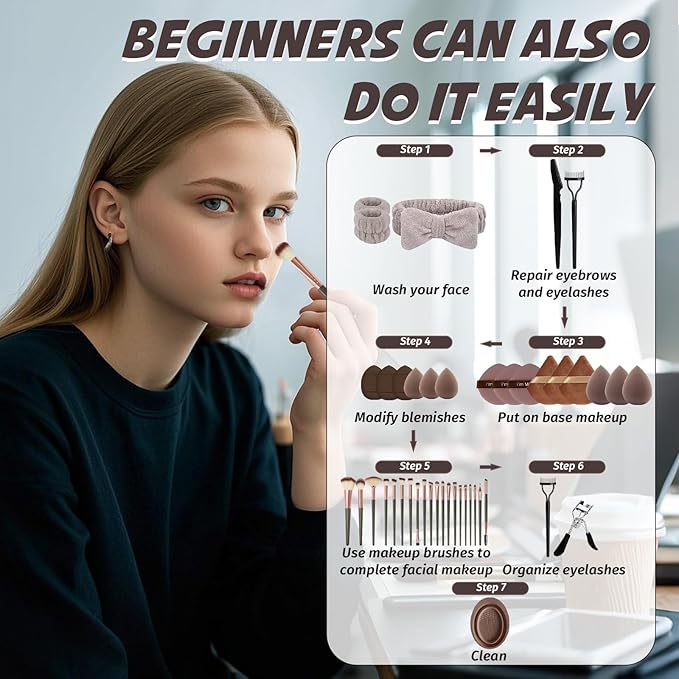 Makeup Brush Set, 48Pcs Makeup Tool Set Premium Synthetic Foundation Concealers Powder Eye Shadows Makeup Brushes Kit for for Beginner Professional, Brown