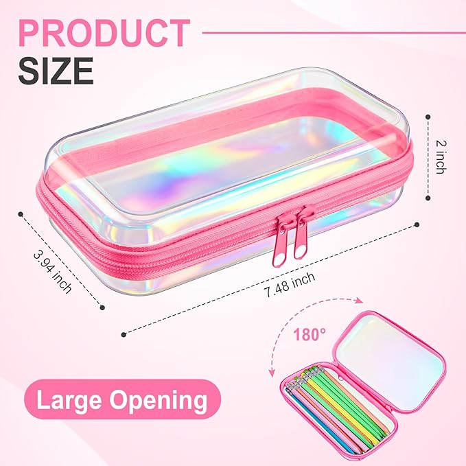 Hoolerry 4 Pcs Hard Clear Zipper Case Makeup Bags Plastic Pencil Pouch Transparent Storage Box Containers for Cosmetics, Snacks, Building Blocks, Puzzles(Pink Laser,7.5 x 3.9 x 2 in)