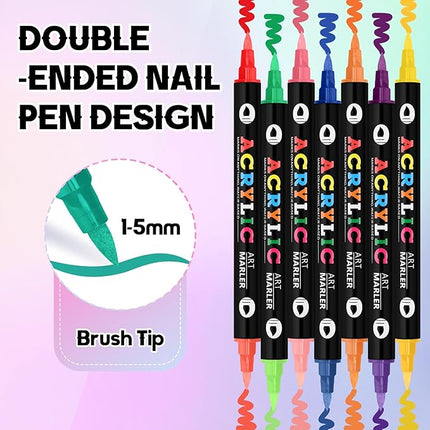 Kalolary 24 Colors Nail Art Pens Set,12PCS 3D Nail Polish Pens Double-Ended Acrylic Paint Pen Nail Art Markers Quick-Drying Nail Art Tools for Dotting Drawing Painting DIY Nail Art Beauty Manicure（E）