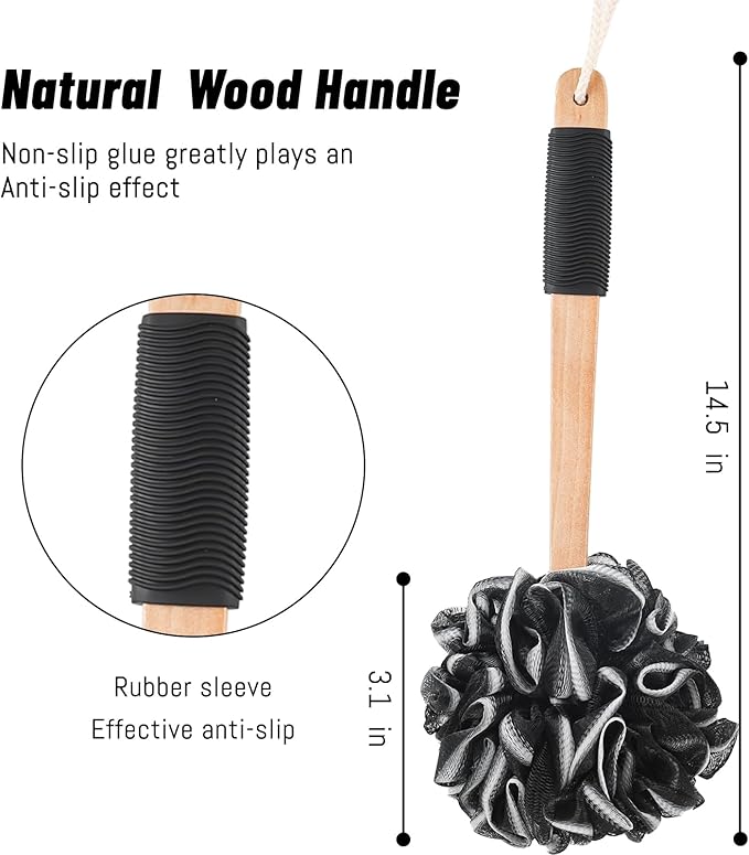 Loofah with Long Handle - Extra Large Soft PE Bath Sponge, Superior Mesh Body Scrubber for Shower with Hanging Rope - Exfoliating Back Scrubber for Shower, Suitable for Men & Women (Black)