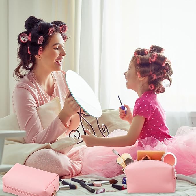 Sanwuta 9 Pcs Makeup Bags Bulk PU Double Zippers Cosmetic Bag Makeup Toiletry Pouch Portable Travel Organizers Case for Women Bachelorette Party End of The Year Bridesmaid Gift(Pink)