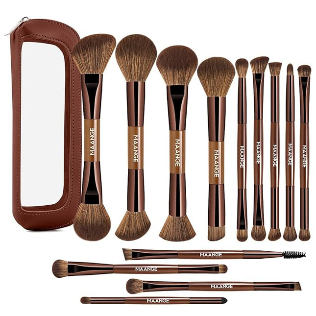 MAANGE 13 Pcs Foundation Makeup Brush Set With Bag, Make up Brushes, Double-End Multi Functional Makeup Brushes, Professional Face Brush Set Tools For Liquid Powder Concealer Cream Blush (Brown)